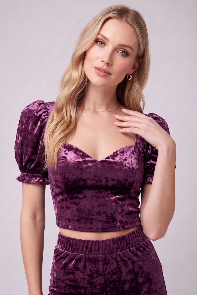 Korean Velvet Crop Top & Bell Bottom Pant Set