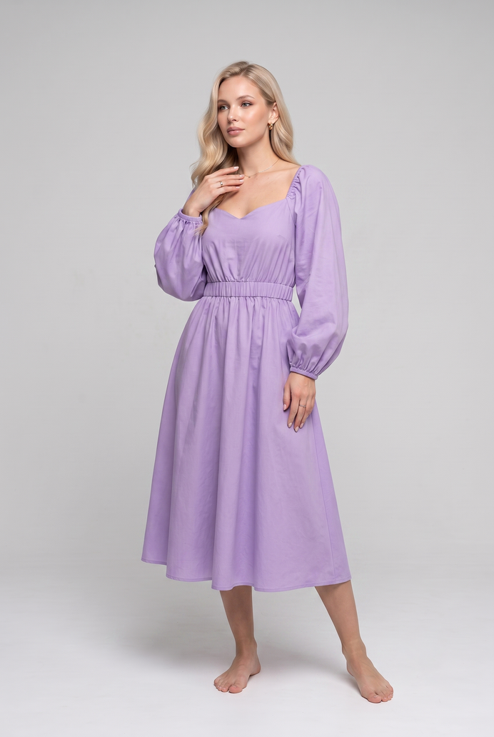 Balloon Sleeve Cotton Flared Midi Dress