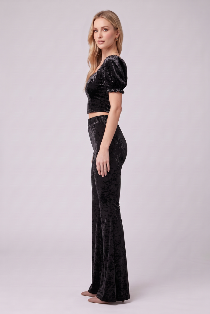 Korean Velvet Crop Top & Bell Bottom Pant Set