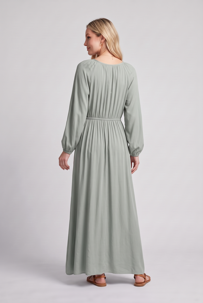 Fit & Flare Rayon Balloon Sleeve Maxi Dress