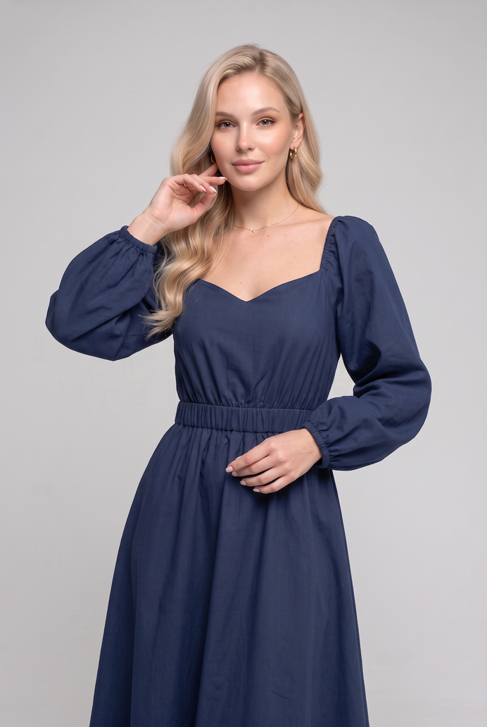 Balloon Sleeve Cotton Flared Midi Dress