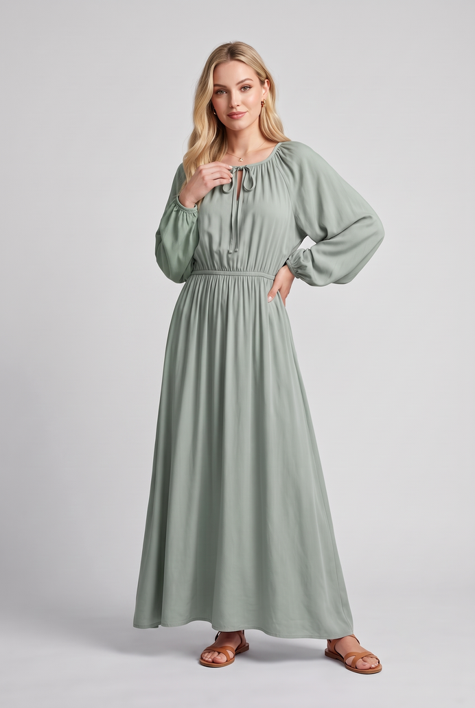 Fit & Flare Rayon Balloon Sleeve Maxi Dress