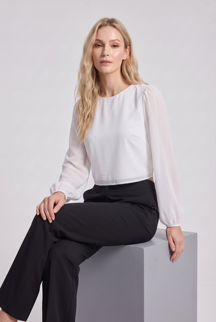 Chiffon Balloon Sleeve Crop Top