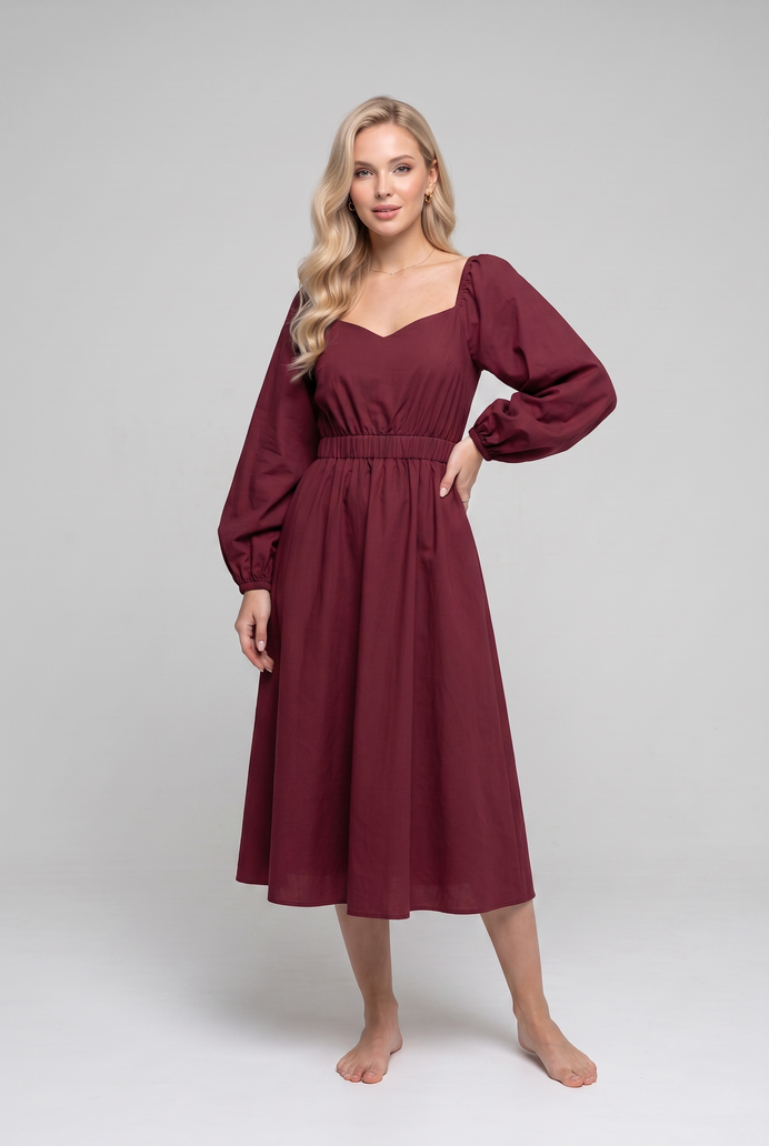 Balloon Sleeve Cotton Flared Midi Dress