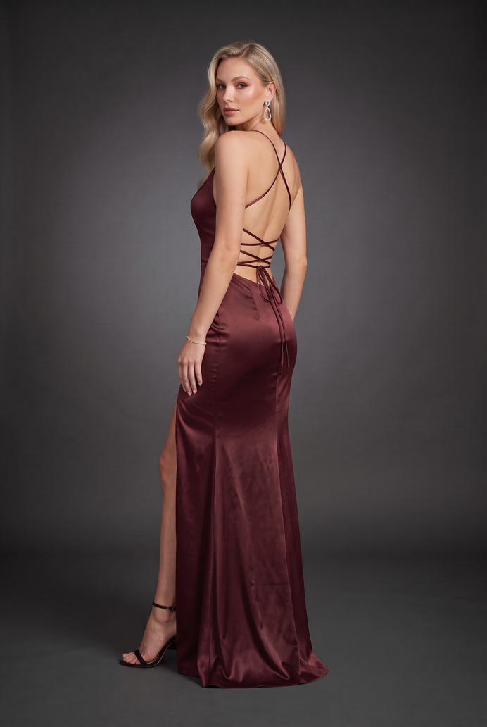 Backless Satin Side Slit Long Dress