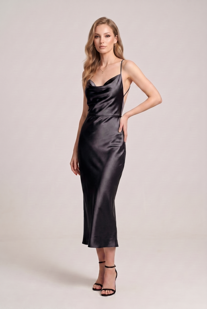 Bodycon Satin Cowl Neck Backless Midi Dress