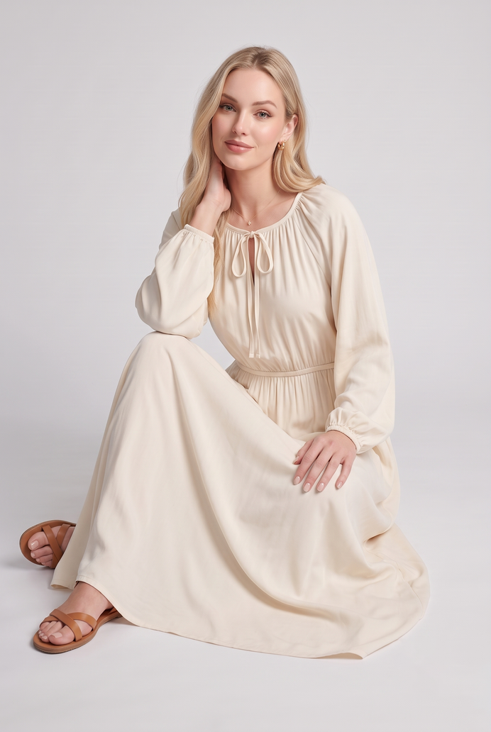 Fit & Flare Rayon Balloon Sleeve Maxi Dress