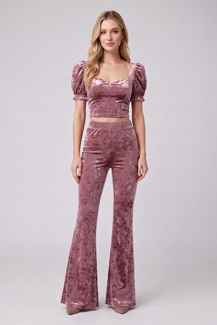 Korean Velvet Crop Top & Bell Bottom Pant Set