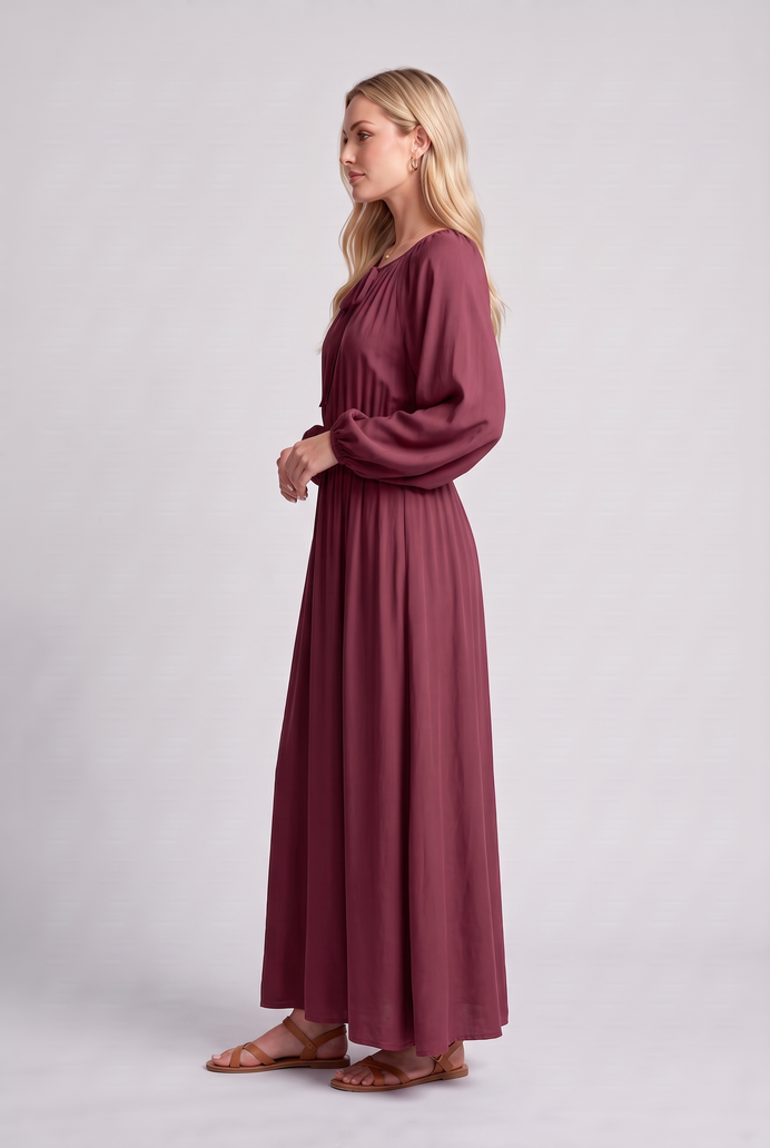 Fit & Flare Rayon Balloon Sleeve Maxi Dress