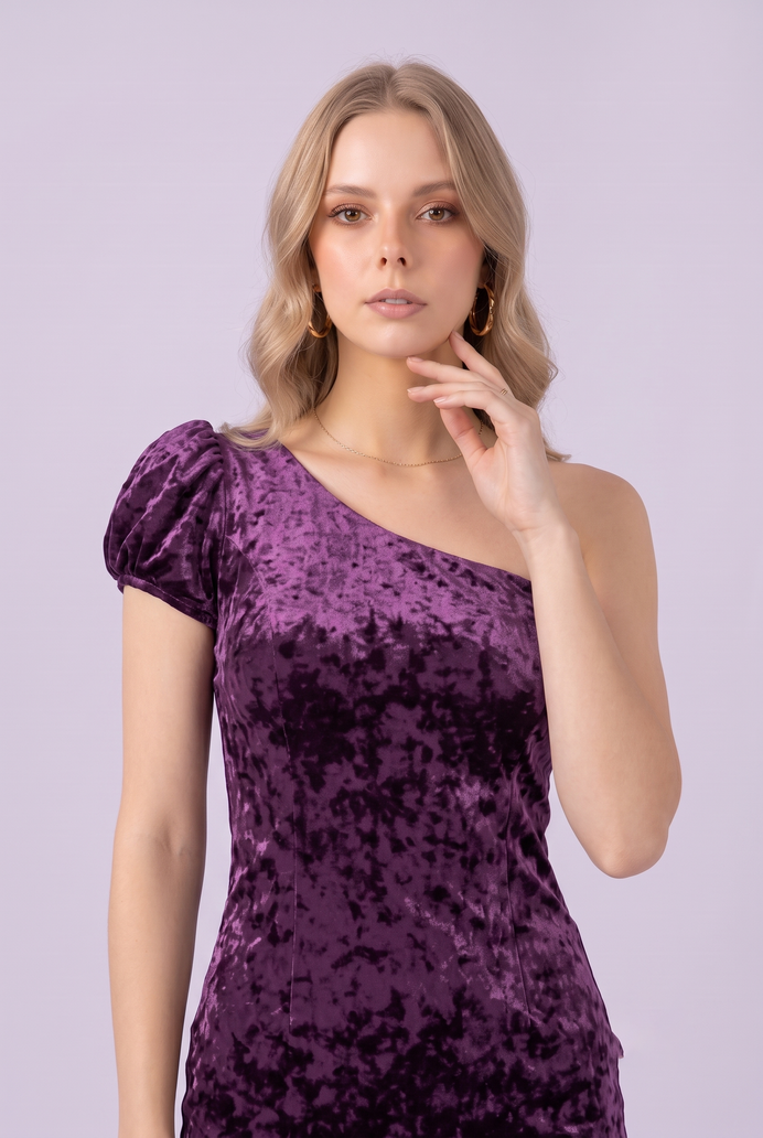 Korean Velvet One-Shoulder Mini Dress