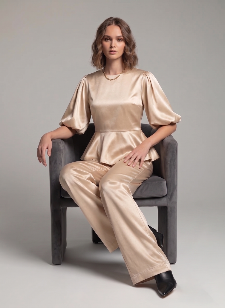 Balloon Sleeve Satin Co-ord Set