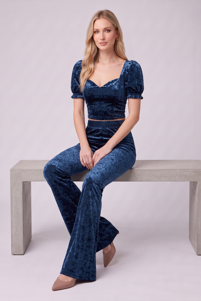 Korean Velvet Crop Top & Bell Bottom Pant Set