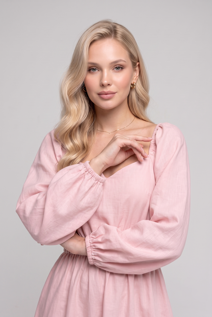 Balloon Sleeve Cotton Flared Midi Dress