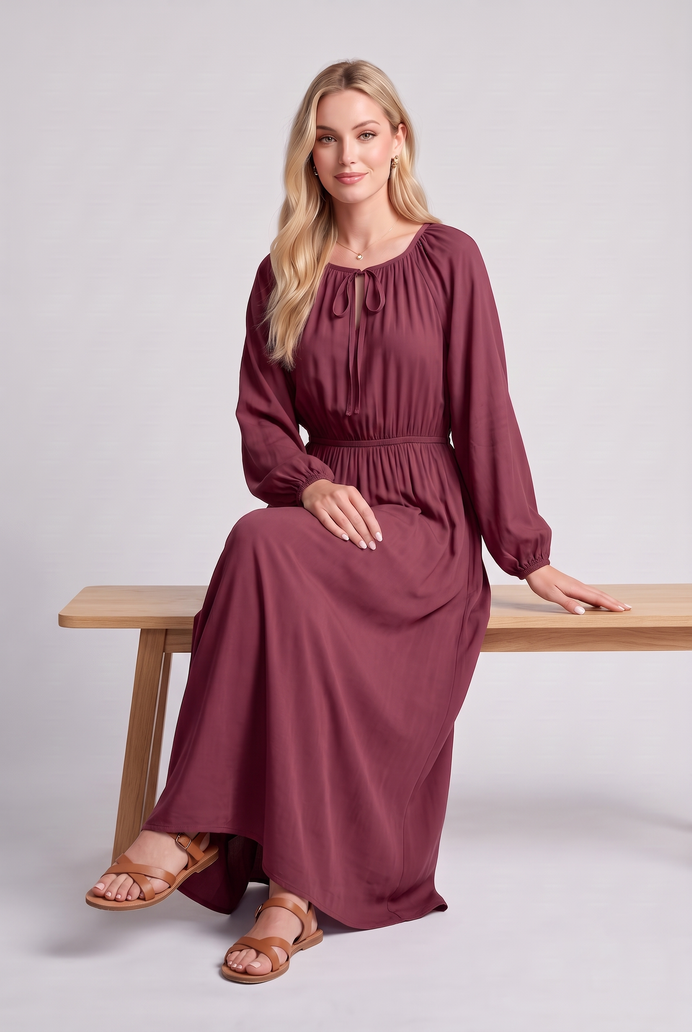 Fit & Flare Rayon Balloon Sleeve Maxi Dress