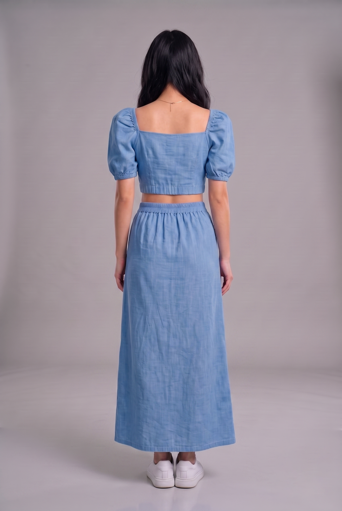 Puff Sleeve Denim Co-ord Skirt & Top Set