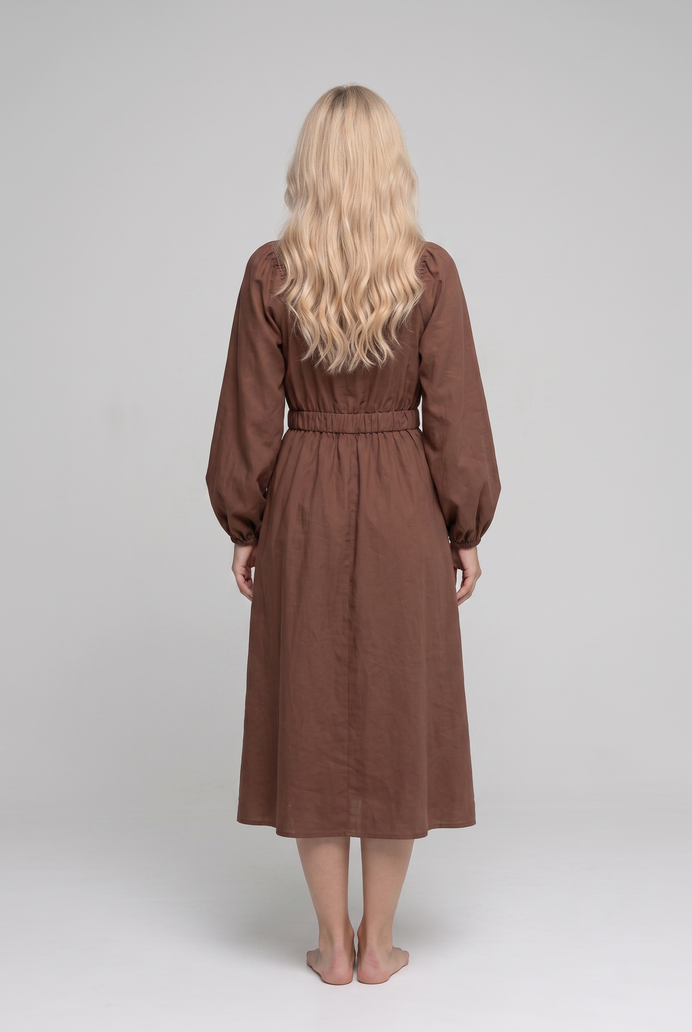 Balloon Sleeve Cotton Flared Midi Dress
