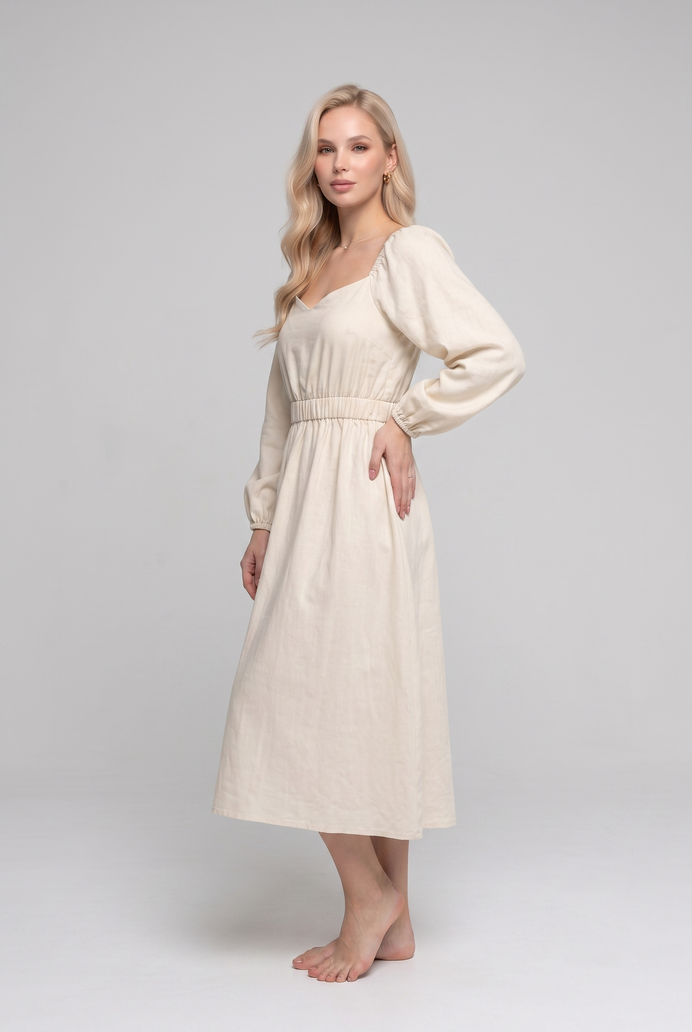 Balloon Sleeve Cotton Flared Midi Dress