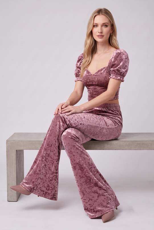 Korean Velvet Crop Top & Bell Bottom Pant Set