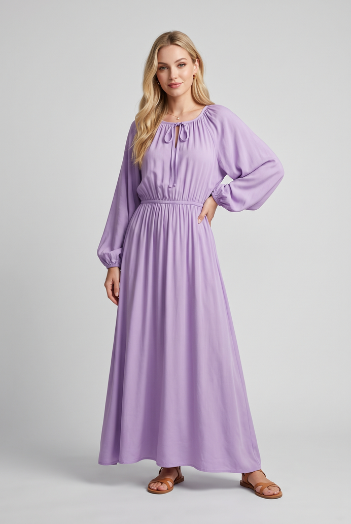 Fit & Flare Rayon Balloon Sleeve Maxi Dress