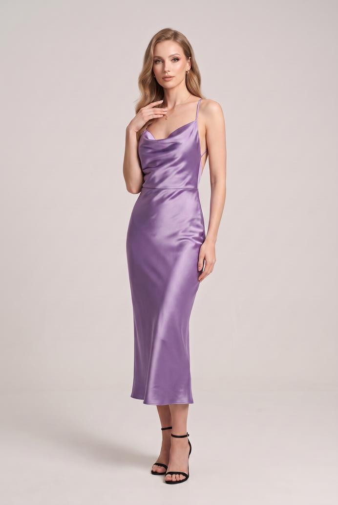Bodycon Satin Cowl Neck Backless Midi Dress