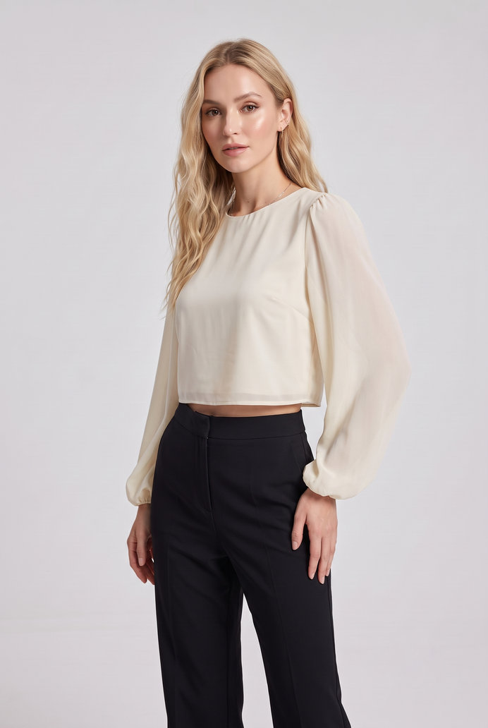 Chiffon Balloon Sleeve Crop Top