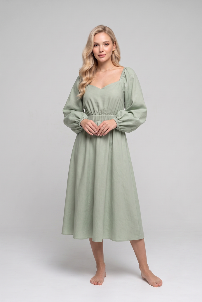 Balloon Sleeve Cotton Flared Midi Dress