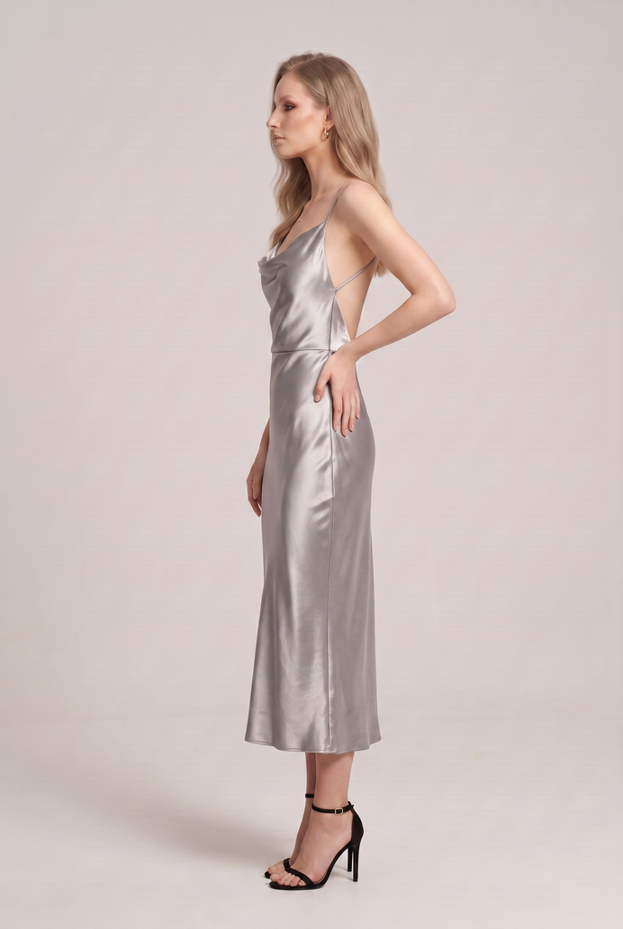 Bodycon Satin Cowl Neck Backless Midi Dress