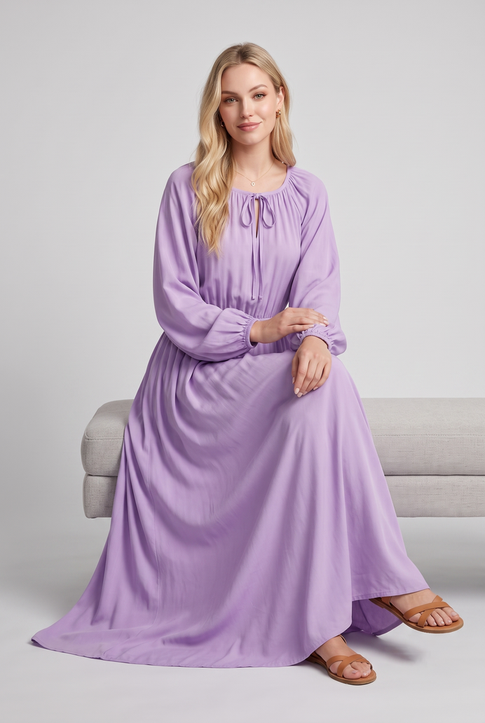 Fit & Flare Rayon Balloon Sleeve Maxi Dress