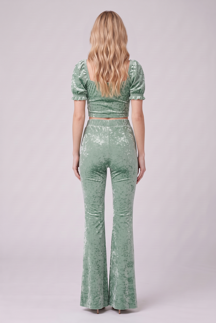 Korean Velvet Crop Top & Bell Bottom Pant Set