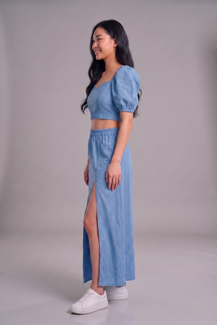 Puff Sleeve Denim Co-ord Skirt & Top Set