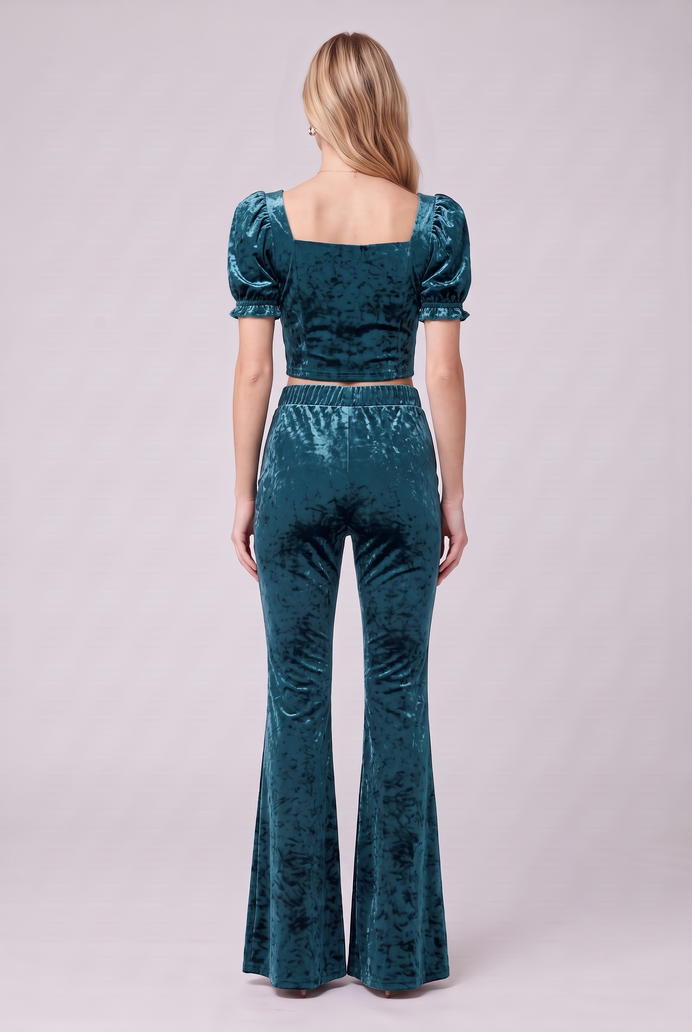 Korean Velvet Crop Top & Bell Bottom Pant Set