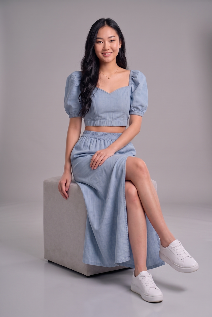 Puff Sleeve Denim Co-ord Skirt & Top Set