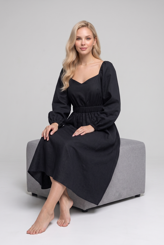 Balloon Sleeve Cotton Flared Midi Dress
