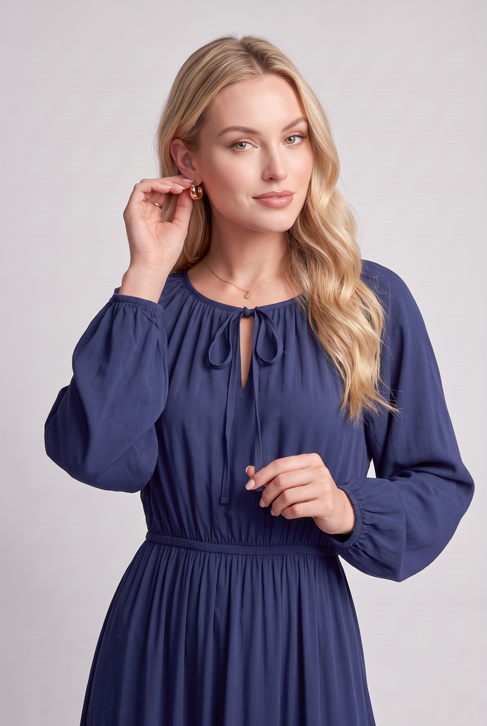 Fit & Flare Rayon Balloon Sleeve Maxi Dress