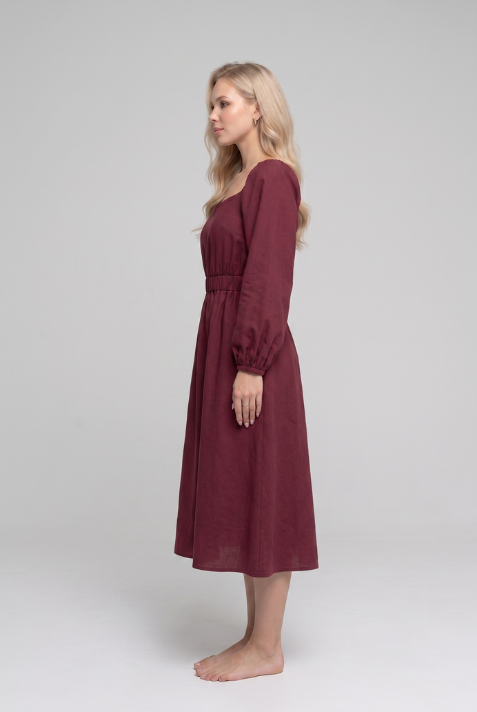 Balloon Sleeve Cotton Flared Midi Dress