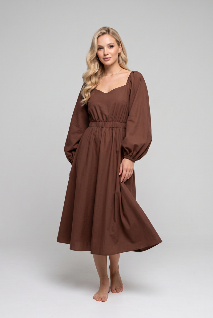 Balloon Sleeve Cotton Flared Midi Dress