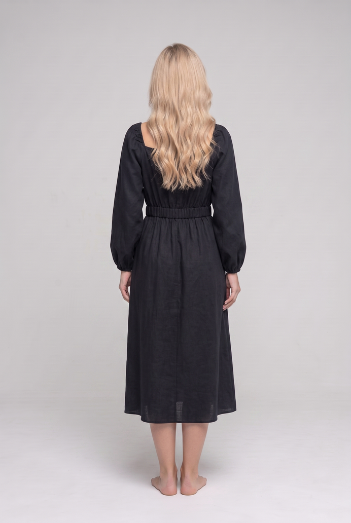 Balloon Sleeve Cotton Flared Midi Dress