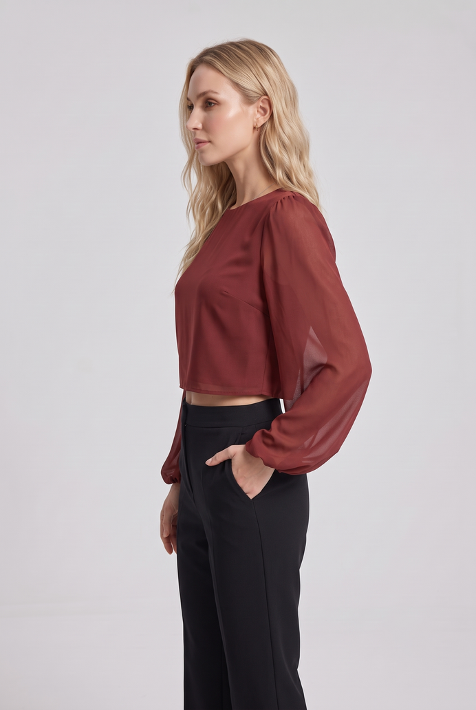 Chiffon Balloon Sleeve Crop Top