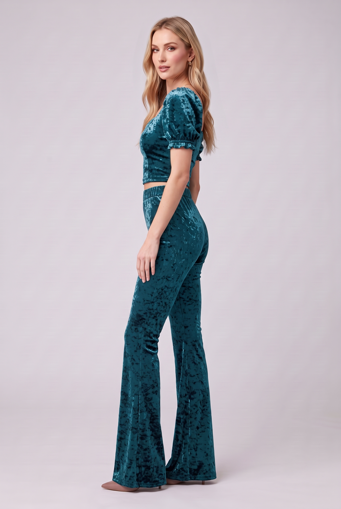 Korean Velvet Crop Top & Bell Bottom Pant Set
