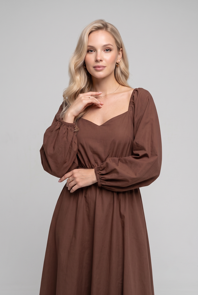 Balloon Sleeve Cotton Flared Midi Dress