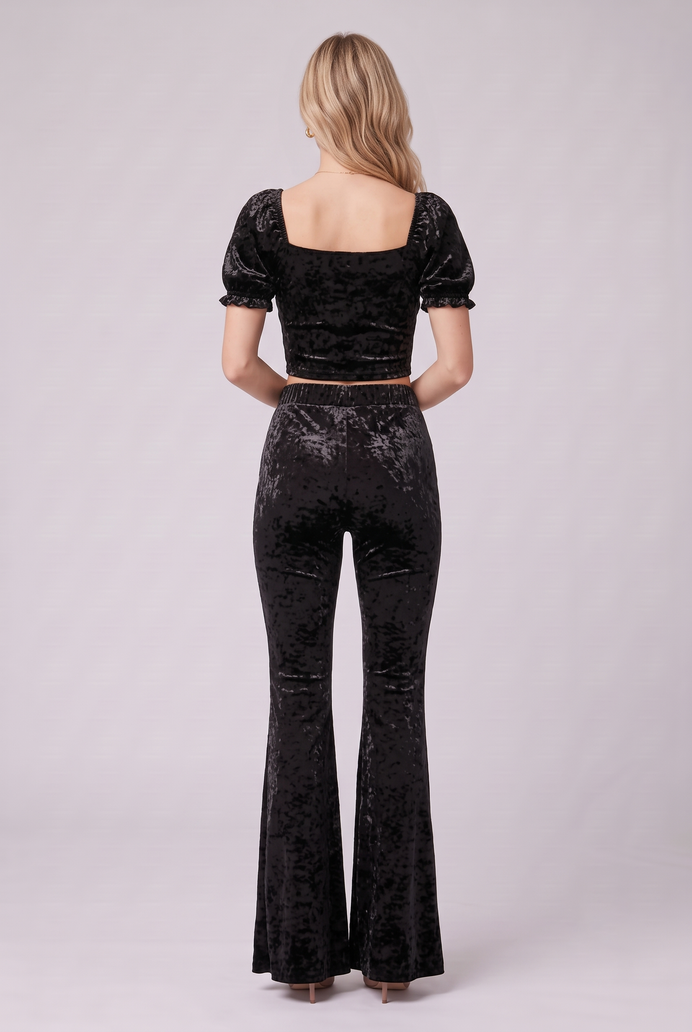 Korean Velvet Crop Top & Bell Bottom Pant Set