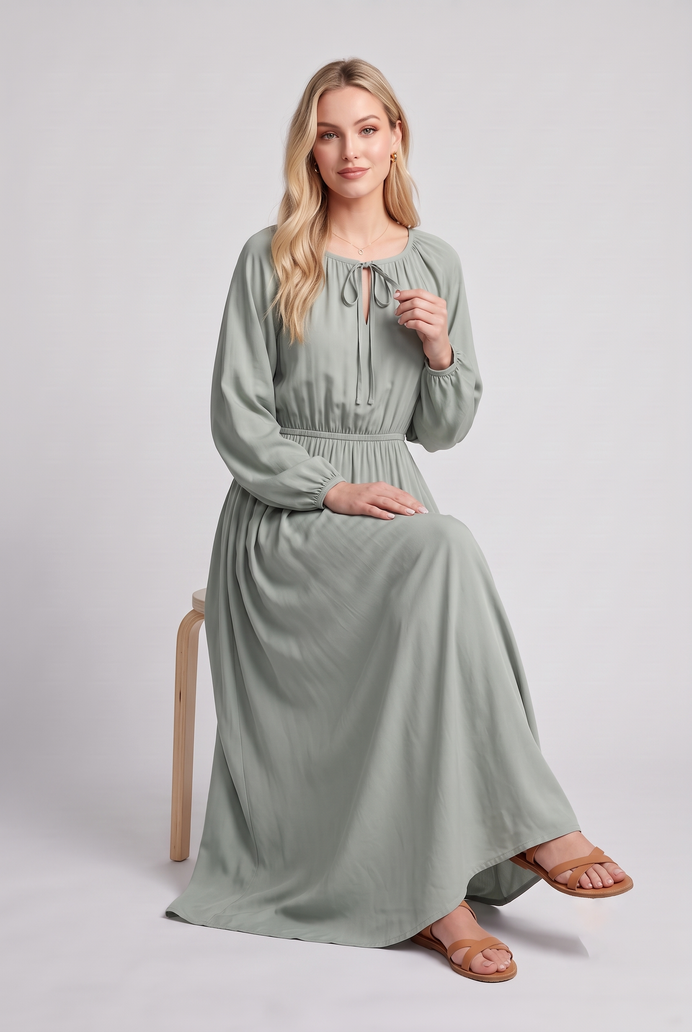 Fit & Flare Rayon Balloon Sleeve Maxi Dress