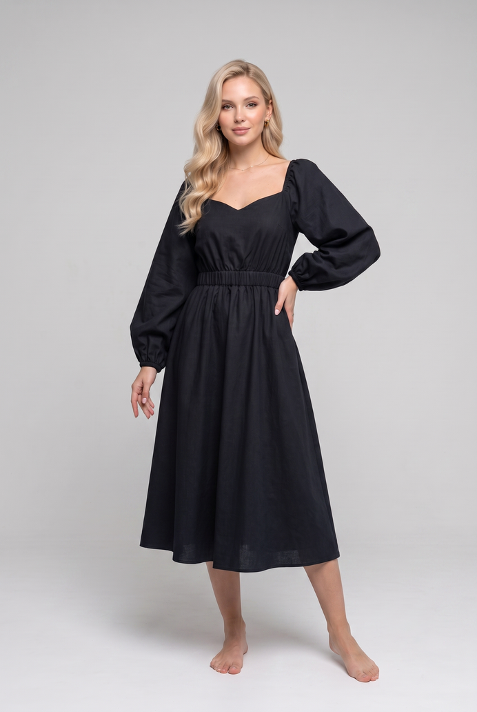 Balloon Sleeve Cotton Flared Midi Dress