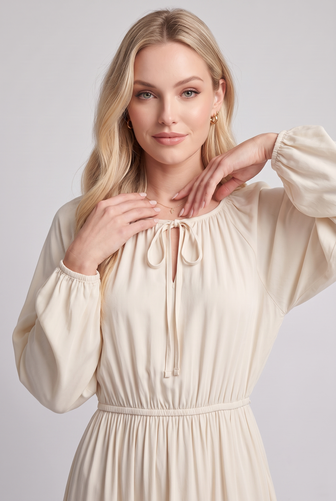 Fit & Flare Rayon Balloon Sleeve Maxi Dress