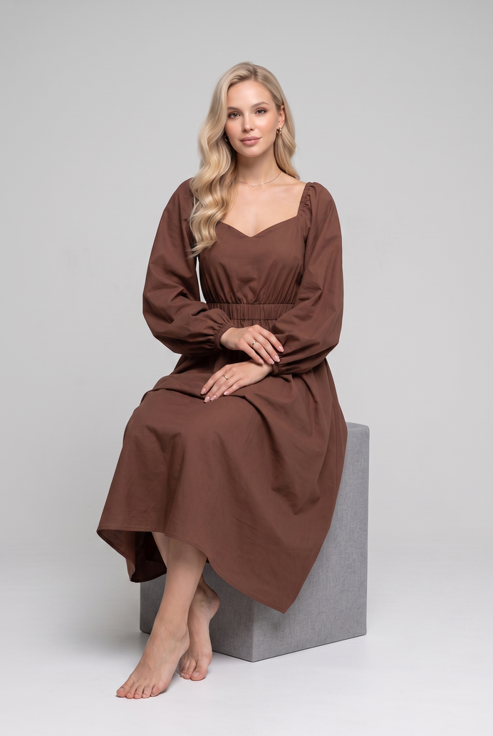 Balloon Sleeve Cotton Flared Midi Dress
