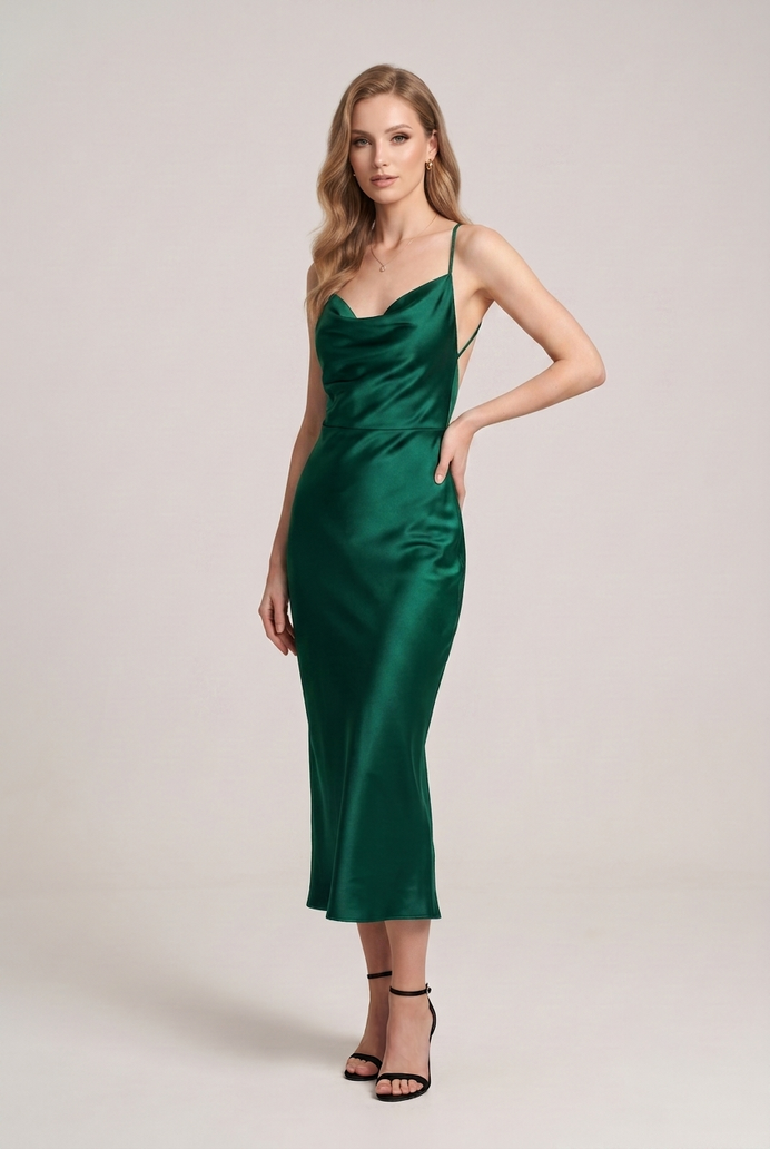 Bodycon Satin Cowl Neck Backless Midi Dress