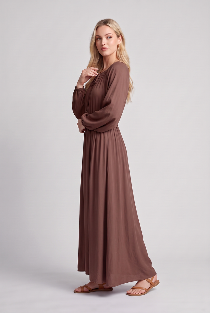 Fit & Flare Rayon Balloon Sleeve Maxi Dress