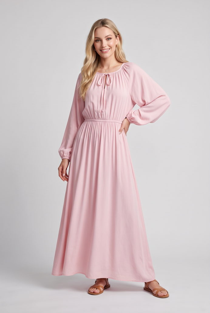 Fit & Flare Rayon Balloon Sleeve Maxi Dress