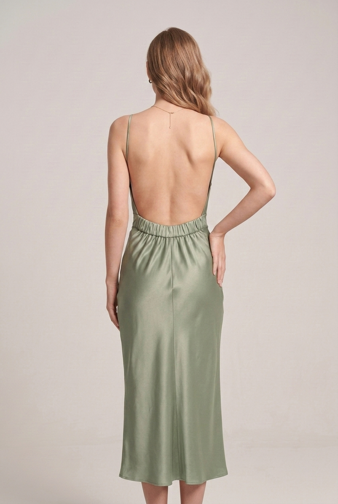 Bodycon Satin Cowl Neck Backless Midi Dress