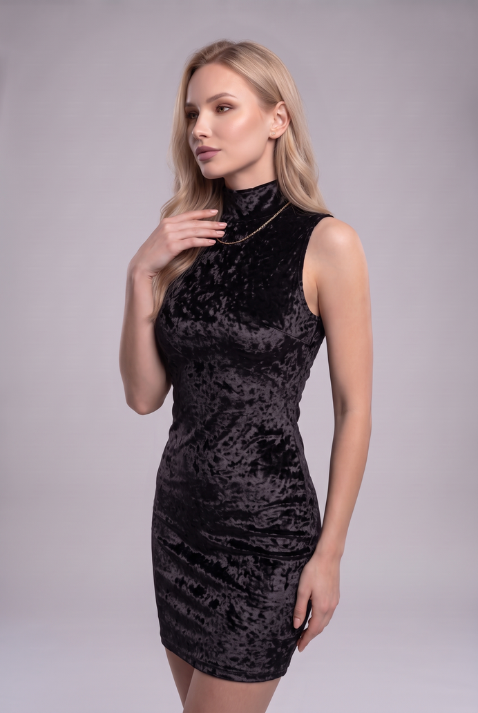 Korean Velvet Turtle Neck Mini Dress